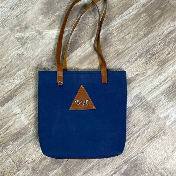 Navy Canvas Tote Bag Full Purse Grain Brown Leather Accents by Most Wanted USA - Picture 1 of 12